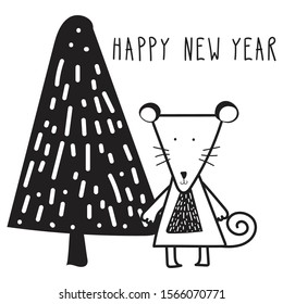 Happy New Year 2020 with rat cartoon character black and white drawing illustration.