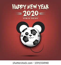 Happy New year. 2020 year of the rat. Cute muzzle mouse in the form of a soccer ball. Soccer ball made in the form of a rat. Greeting card design template with for 2020 new year. Vector illustration
