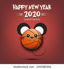 Happy New year. 2020 year of the rat. Cute muzzle mouse in the form of a basketball ball. Basketball ball made in the form of a rat. Greeting card template with for 2020 new year. Vector illustration