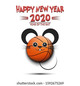 Happy New year. 2020 year of the rat. Cute muzzle mouse in the form of a basketball ball. Basketball ball made in the form of a rat. Greeting card template with for 2020 new year. Vector illustration