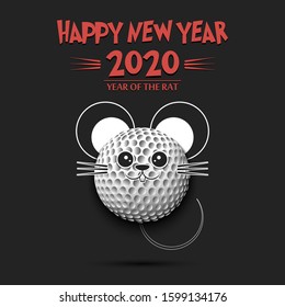 Happy New year. 2020 year of the rat. Cute muzzle mouse in the form of a golf ball. Golf ball made in the form of a rat. Greeting card design template with for 2020 new year. Vector illustration