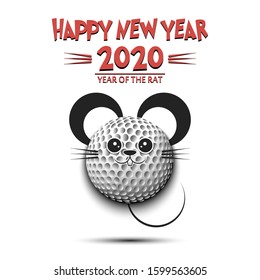 Happy New year. 2020 year of the rat. Cute muzzle mouse in the form of a golf ball. Golf ball made in the form of a rat. Greeting card design template with for 2020 new year. Vector illustration