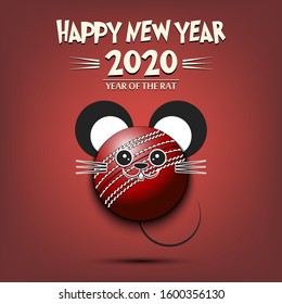 Happy New year. 2020 year of the rat. Cute muzzle mouse in the form of a cricket ball. Cricket ball made in the form of a rat. Greeting card design template with for 2020 new year. Vector illustration