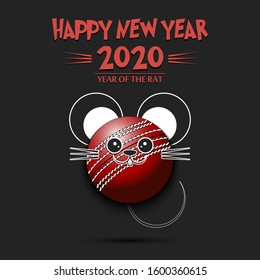 Happy New year. 2020 year of the rat. Cute muzzle mouse in the form of a cricket ball. Cricket ball made in the form of a rat. Greeting card design template with for 2020 new year. Vector illustration