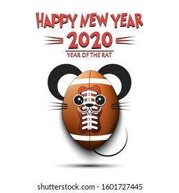 Happy New year. 2020 year of the rat. Cute muzzle mouse in the form of a football ball. Football ball made in the form of a rat. Greeting card design template with for new year. Vector illustration