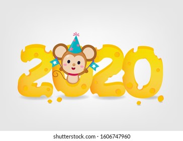 Happy New Year 2020. The Year of rat. 2020 with butter and cute rat on white background.