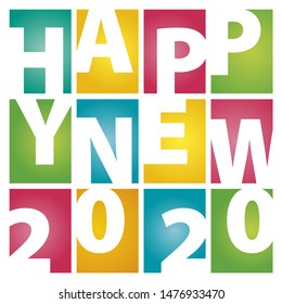 Happy New Year 2020 rectangle negative space color letters white background