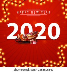 Happy New Year, 2020, red square postcard with large numbers, garland and Santa Sleigh with presents