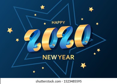 Happy New Year 2020. Ribbons and stars. Template for greeting card, invitation, poster, flyer. Decorative christmas banner. Lettering. Gold and blue colors. Vector illustration