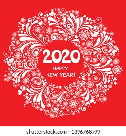 Happy new year 2020! Round frame. Wreath. Winter card. Vector illustration.