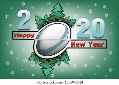 Happy new year 2020 and rugby ball with Christmas trees on an snowflakes background. Creative design pattern for greeting card, banner, poster, flyer, party invitation, calendar. Vector illustration