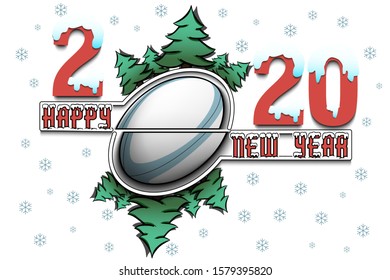 Happy new year 2020 and rugby ball with Christmas trees on an isolated background. Snowy numbers and letters. Design pattern for greeting card, banner, poster, flyer, invitation. Vector illustration