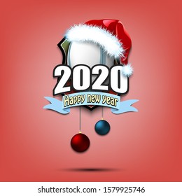 Happy new year 2020. Rugby logo template design. Rugby ball in santa hat. Pattern for banner, poster, greeting card, party invitation. Vector illustration
