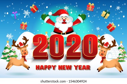 Happy new year 2020 with santa claus cute cartoon.for Christmas and New Year background.vector illustration