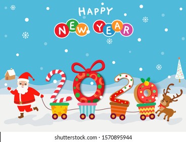 Happy New Year of 2020 with santa calus take a handcart on snowy background.