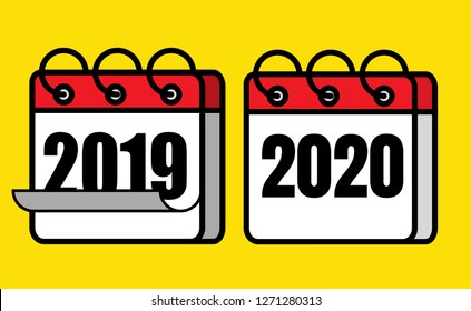 Happy New Year 2020 And Say Good Bye Year 2019 Concept: White And Red Flat Icon Design Year 2019 And 2020 Isolated On Yellow Background. Cute And Colorful Icon 