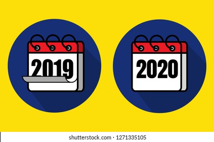 Happy New Year 2020 and say good bye year 2019 concept: White and red flat icon design year 2019 and 2020 isolated on yellow background. Cute and colorful icon 