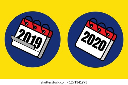 Happy New Year 2020 and say good bye year 2019 concept: White and red flat icon design year 2019 and 2020 isolated on yellow background. Cute and colorful icon 