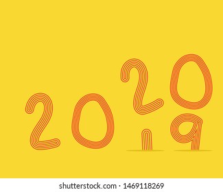 Happy New Year 2020 and say good bye year 2019 concept: Cute red number of year on yellow background. Cute and colorful icon