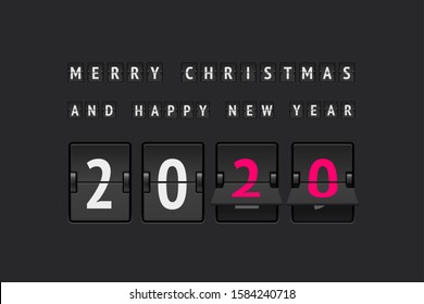 Happy new year 2020 scoreboard realistic vector template for greeting card, calendar, sale web page and banner isolated on dark background