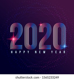 Happy New Year 2020 in scratch line text graphic with light and sparkles, Vector illustration