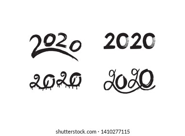 Happy New Year 2020. Set of calligraphy, hand drawn numbers for Chinese Year of the Rat. Grunge 2020 collection is isolated on white background. Vector illustration. EPS10