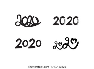 Happy New Year 2020. Set of calligraphy, hand drawn numbers for Chinese Year of the Rat. Grunge 2020 collection is isolated on white background. Vector illustration. EPS10