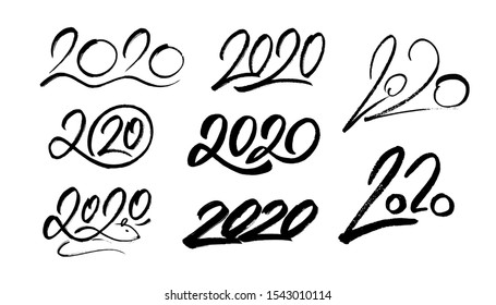 Happy New Year 2020. Set of calligraphy numbers for Chinese Year of the Rat. Vector illustration.