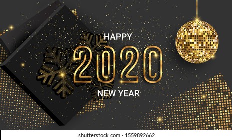 Happy New Year 2020 shimmer background, vector illustration. Sparkling disco ball, gold snowflakes made of glitter, golden halftone, black boxes elements for New Year party invitations. 