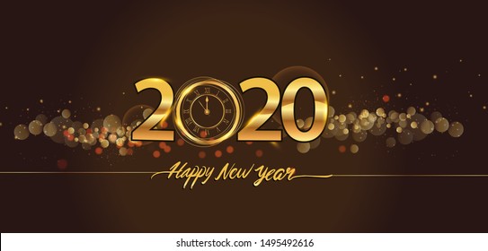 Happy New Year 2020 - New Year Shining background with gold clock and glitter.