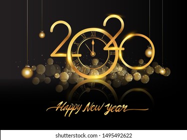С Новым 2020 годом - Новый год Сияющий фон с золотыми часами и блестками.