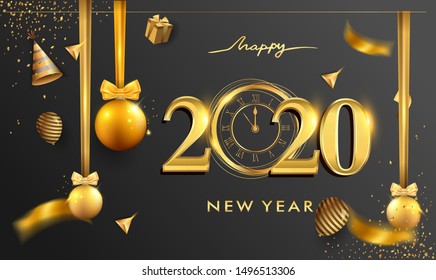 Happy New Year 2020 - New Year Shining background with gold clock and glitter, elegant design.