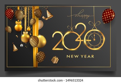 Happy New Year 2020 - New Year Shining background with gold clock and glitter, elegant design.