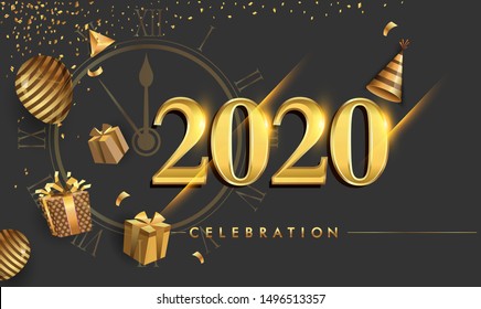 Happy New Year 2020 - New Year Shining background with gold clock and glitter, elegant design.