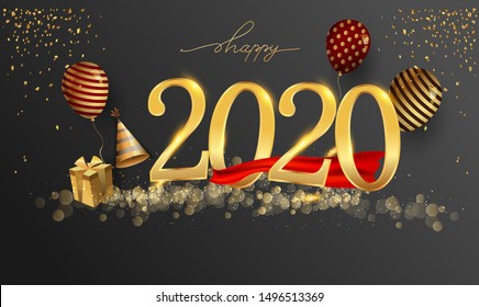 Happy New Year 2020 - New Year Shining background with gold clock and glitter, elegant design.