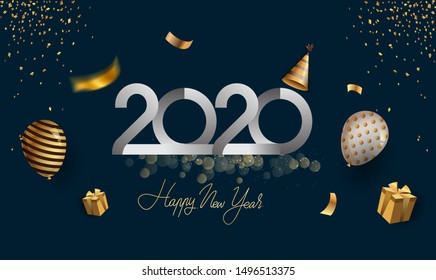 Happy New Year 2020 - New Year Shining background with gold clock and glitter, elegant design.