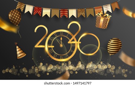 Happy New Year 2020 - New Year Shining background with gold clock and glitter, elegant design.