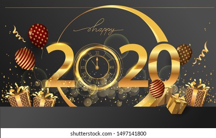 Happy New Year 2020 - New Year Shining background with gold clock and glitter, elegant design.