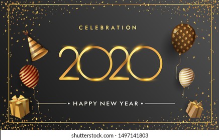 Happy New Year 2020 - New Year Shining background with gold clock and glitter, elegant design.