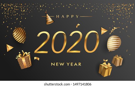 Happy New Year 2020 - New Year Shining background with gold clock and glitter, elegant design.