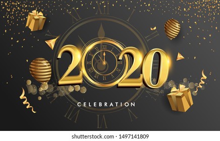 Happy New Year 2020 - New Year Shining background with gold clock and glitter, elegant design.