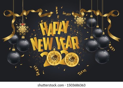 Happy New Year 2020 - New Year Shining background with gold clock and balls