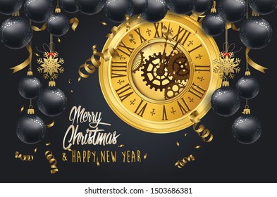 Happy New Year 2020 - New Year Shining background with gold clock and balls
