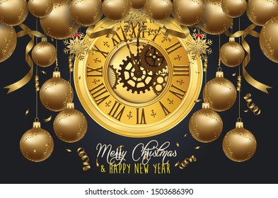 Happy New Year 2020 - New Year Shining background with gold clock and balls