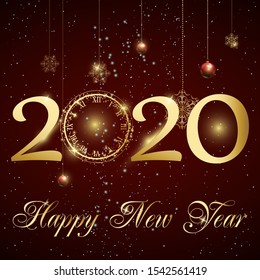 Happy New Year 2020 - New Year Shining background with gold clock and glitter.