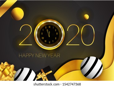 Happy New Year 2020 - New Year Shining background with gold clock glitter, gold gift box and abstract modern shape sign. isolated black background.