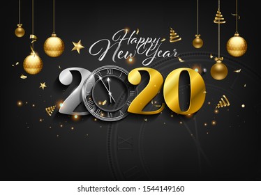 Happy New Year 2020 - New Year Shining background with gold clock and confetti - Shutterstock ID 1544149160