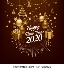 Happy New Year 2020 - New Year Shining background with gold colors and glitter, elegant design.