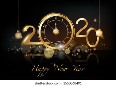 Happy New Year 2020 - New Year, shining background with gold watches and glitter. Creative. Black background. Smartphone laptop, phone. Futuristic design. Banner, poster, numbers, cover, text, card