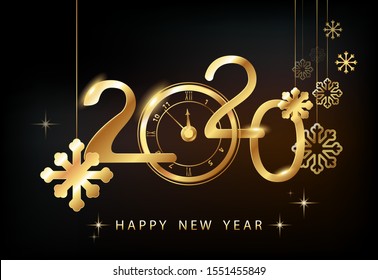 Happy New Year 2020 - New Year, shining background with gold watches and glitter.Creative. Black background. Smartphone laptop, stars.Futuristic snowflakes design. Banner, poster, numbers, cover, text